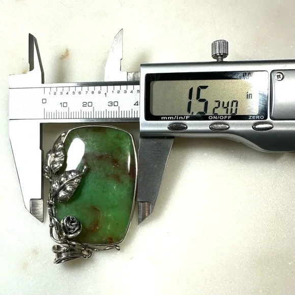 Artisan Green Jasper Sterling Silver Pendant with Hand-forged Rose and Leaves - Picture 9 of 15